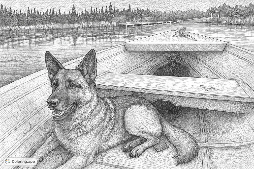 Embark on a vintage-inspired lake adventure with this loyal German Shepherd dog coloring page. Features intricate details and a crosshatch background for a retro feel.