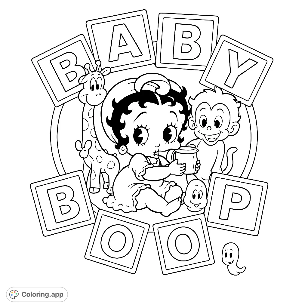 Adorable Baby Boop surrounded by playful animal friends and alphabet blocks. A charming scene perfect for young colorists.