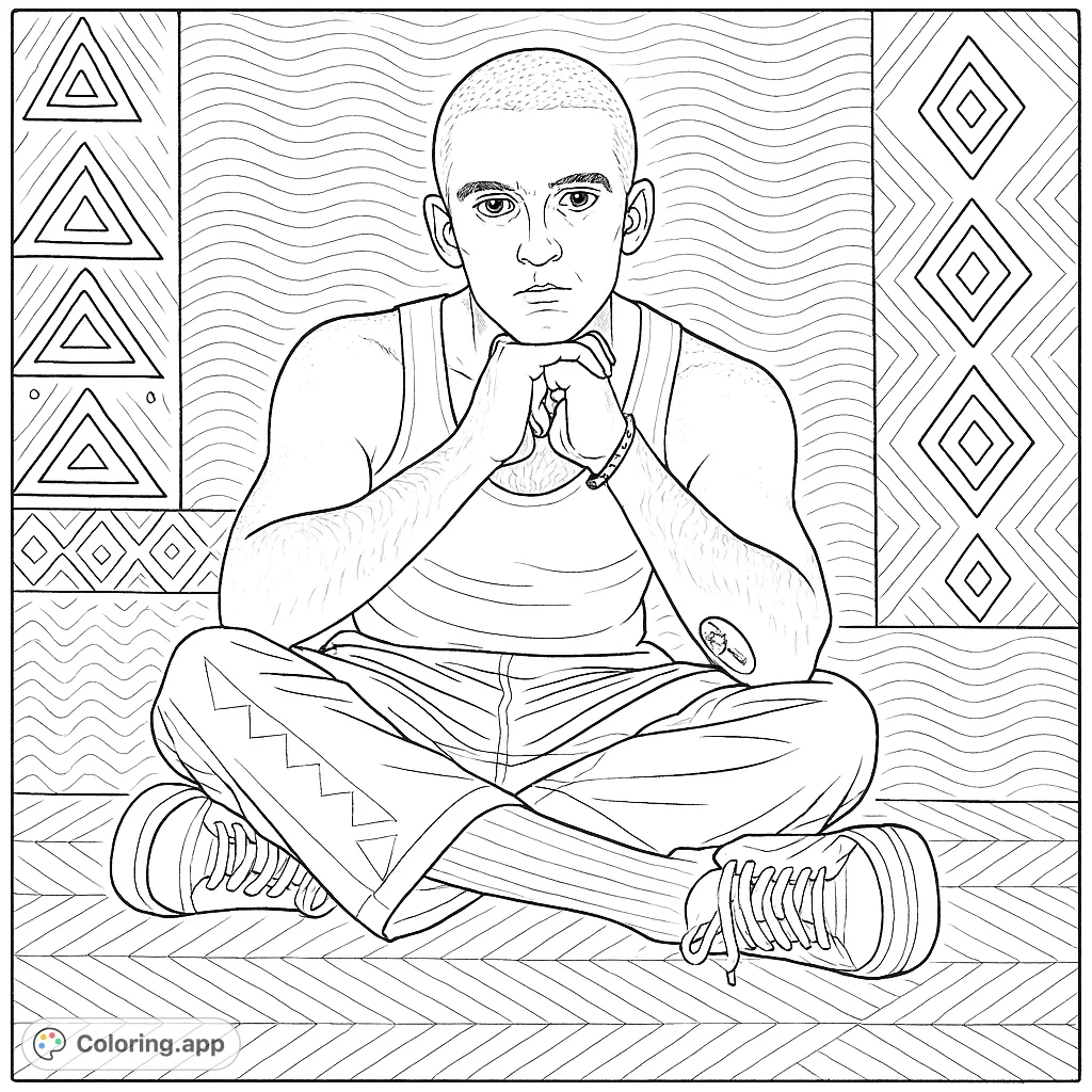 A stylish figure sits cross-legged, hands clasped, wearing a tank top and uniquely patterned trousers. A hand-drawn sketch with geometric and wave patterns.