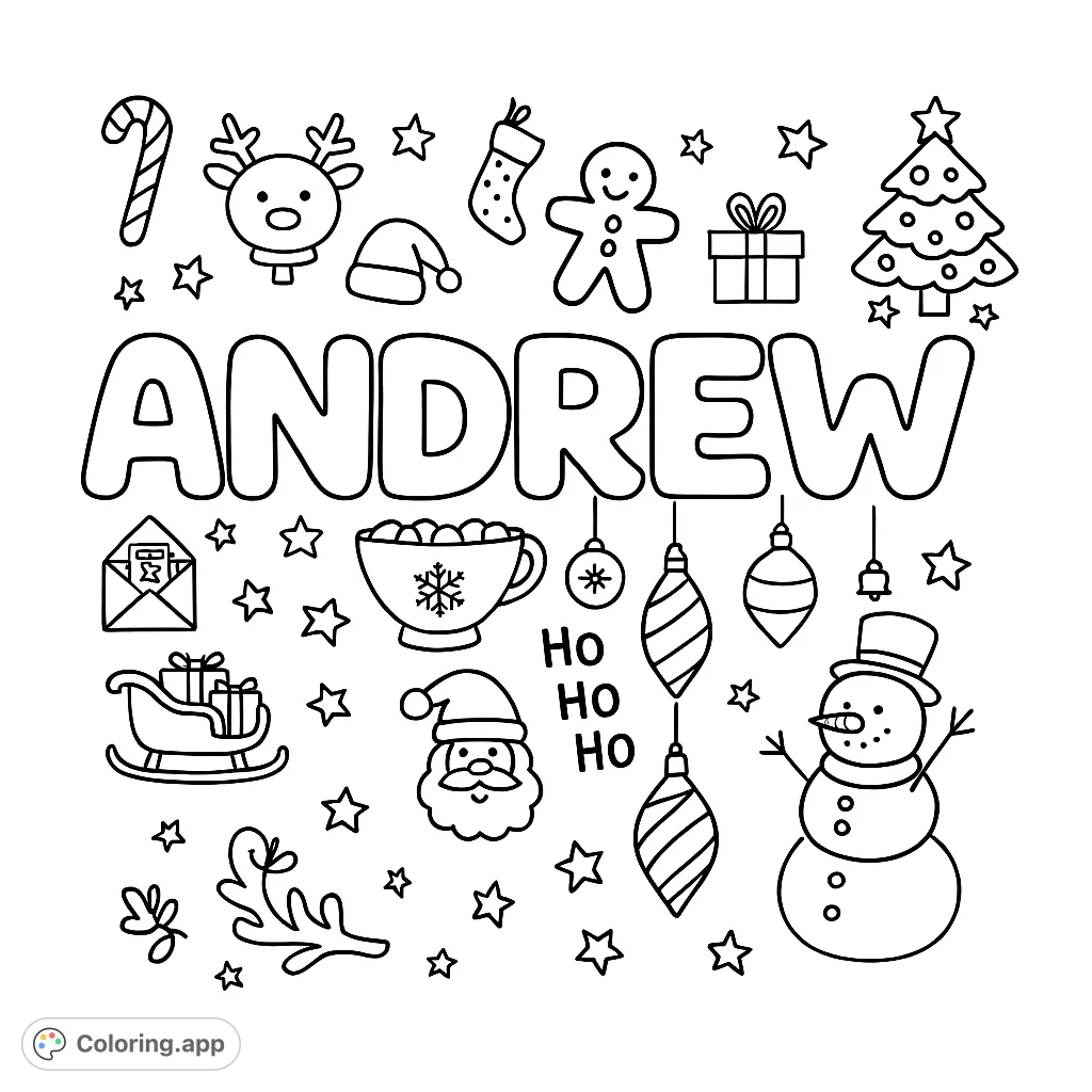 A delightful Christmas coloring page featuring the name Andrew surrounded by charming holiday doodles like Santa, reindeer, snowman, and gifts. Perfect for festive fun!