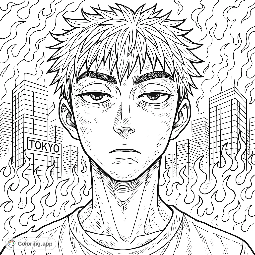 Dive into a highly detailed manga-style coloring page featuring an intense character against a fiery Tokyo cityscape. Perfect for fans of dynamic anime art and intricate designs.