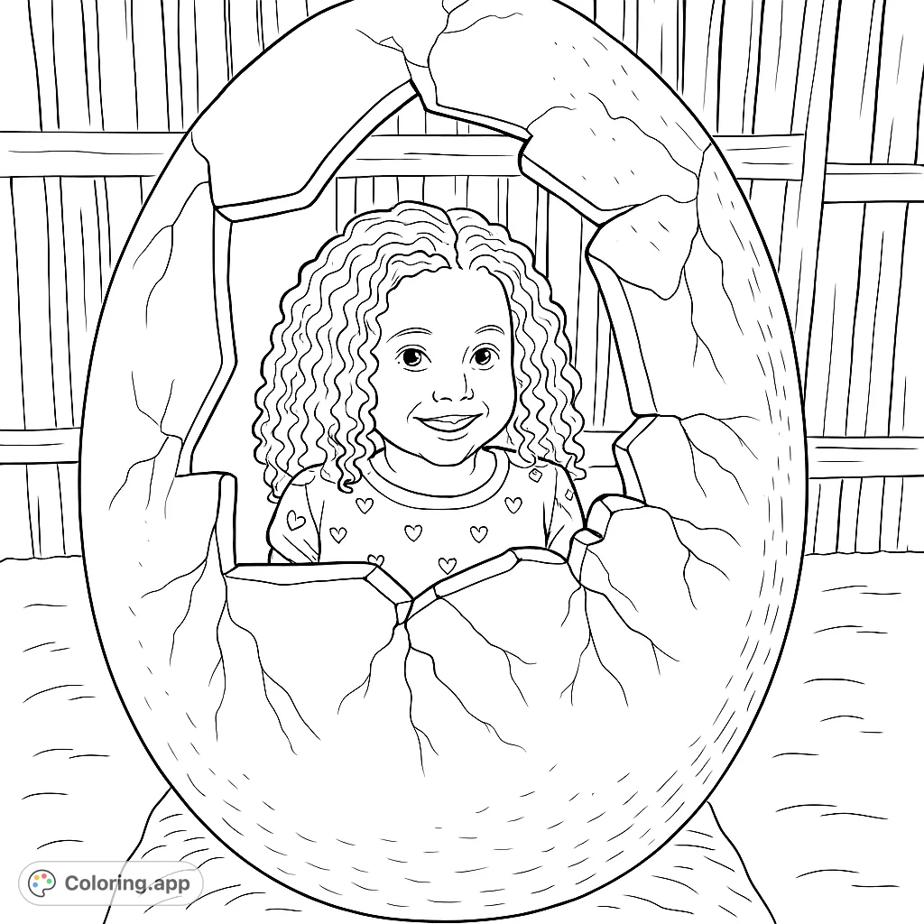 A joyful child peeks from a giant cracked egg, ready for adventure! This fun dinosaur-themed coloring page is perfect for young explorers.