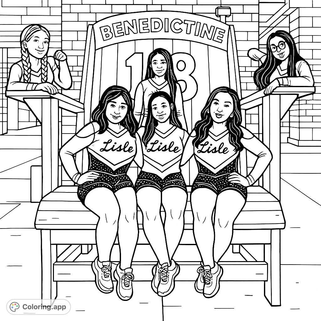 A fun cheerleading squad poses on an oversized wooden chair, showcasing school spirit. Perfect for fans and aspiring cheerleaders to color with vibrant team hues.