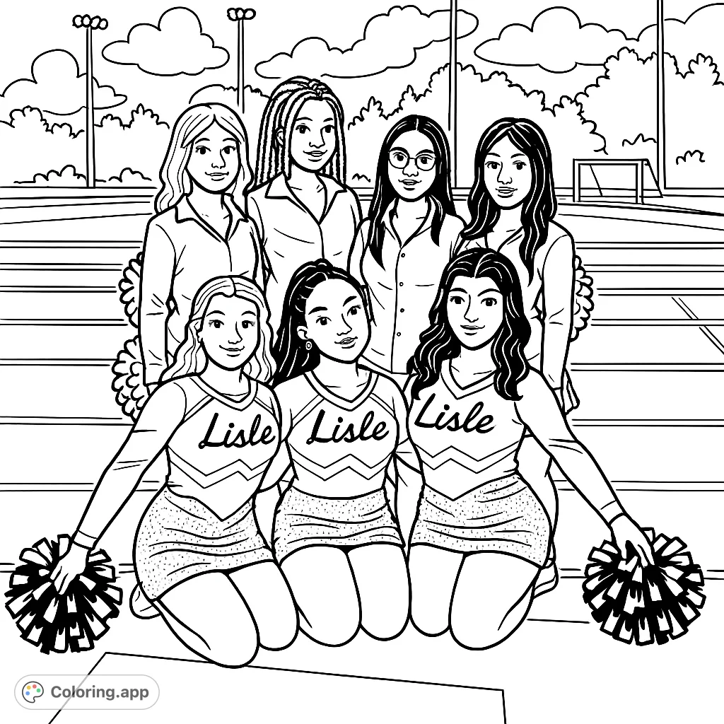 An energetic cheer squad poses on a track field, ready to inspire team spirit. This free printable cheerleaders coloring page is perfect for young enthusiasts to color and personalize.