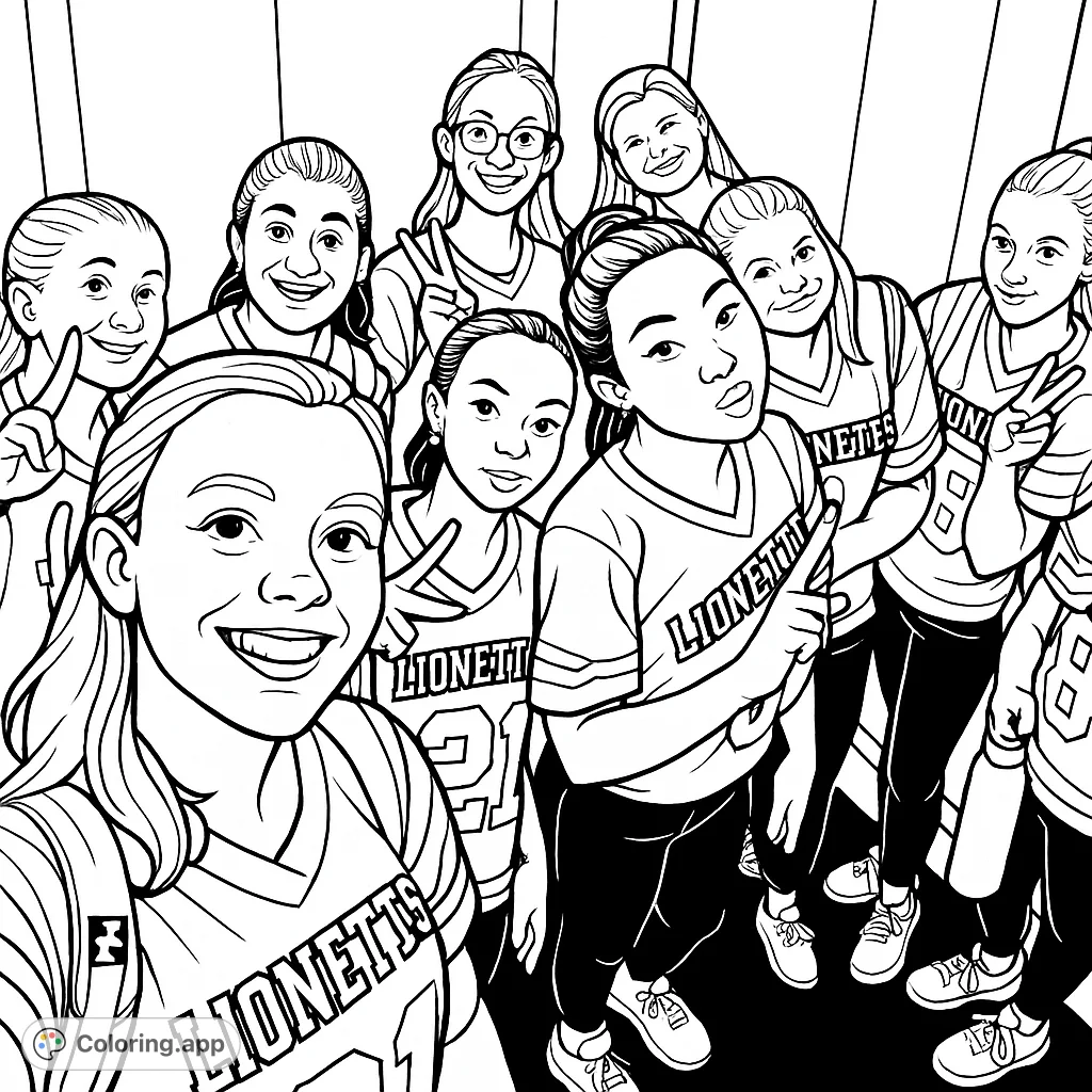 Capture the vibrant energy of a sports team in an elevator with this cartoony coloring page, featuring nine young women in jerseys and playful poses.