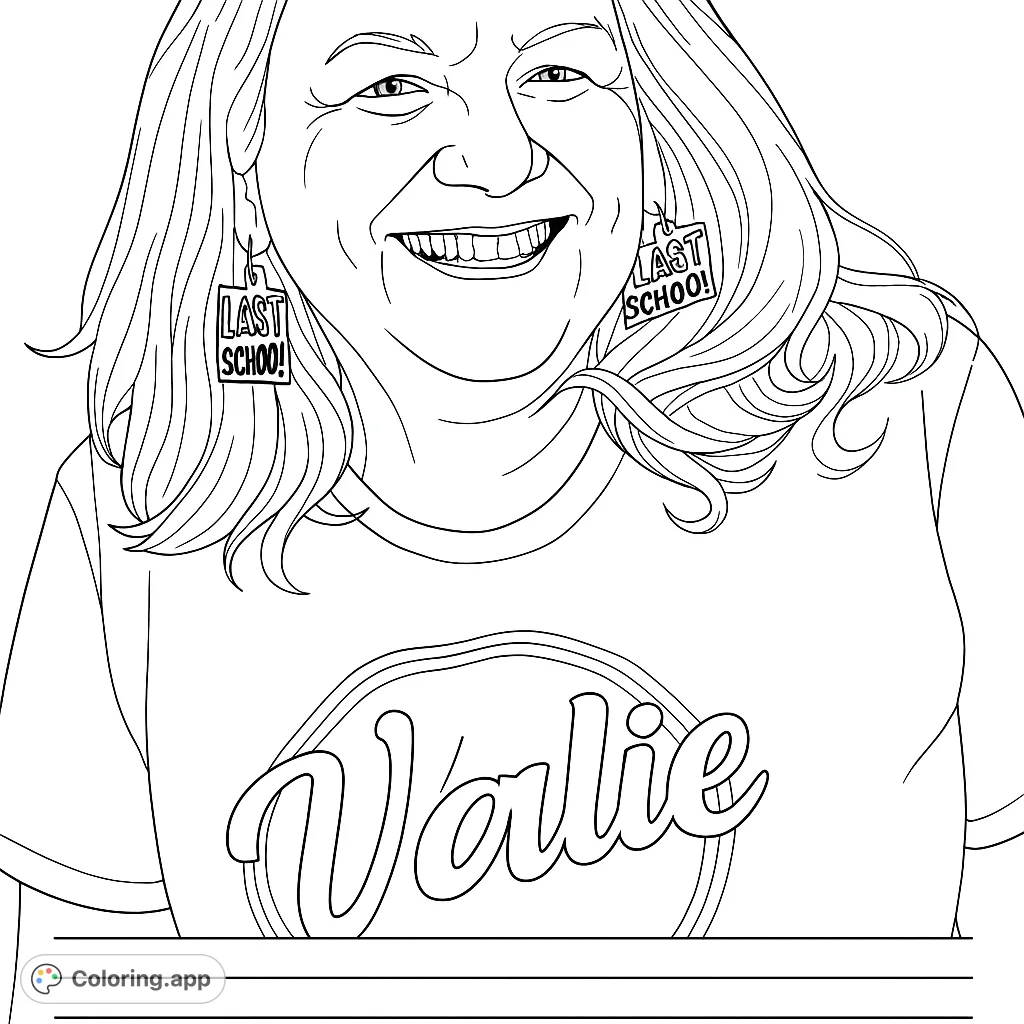 A cheerful woman with school-themed earrings and a graphic tee, perfect for a personalized note. A free printable coloring page for all ages.