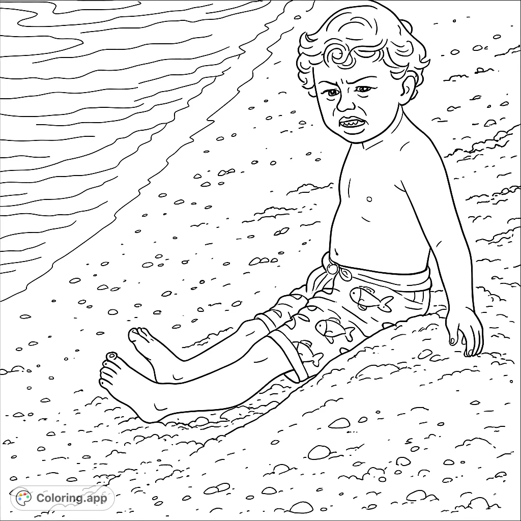 A cheerful boy sits on a sandy beach by the water, ready for a fun day. Perfect for kids who love summer and outdoor adventures.