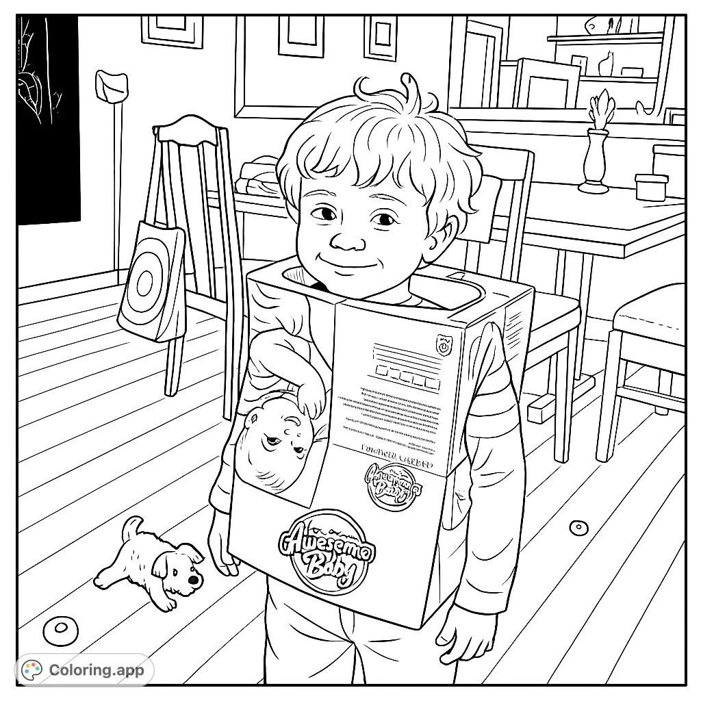 A delightful coloring page featuring a child in a creative box costume, ready for imaginative play. Perfect for sparking creativity and fun.
