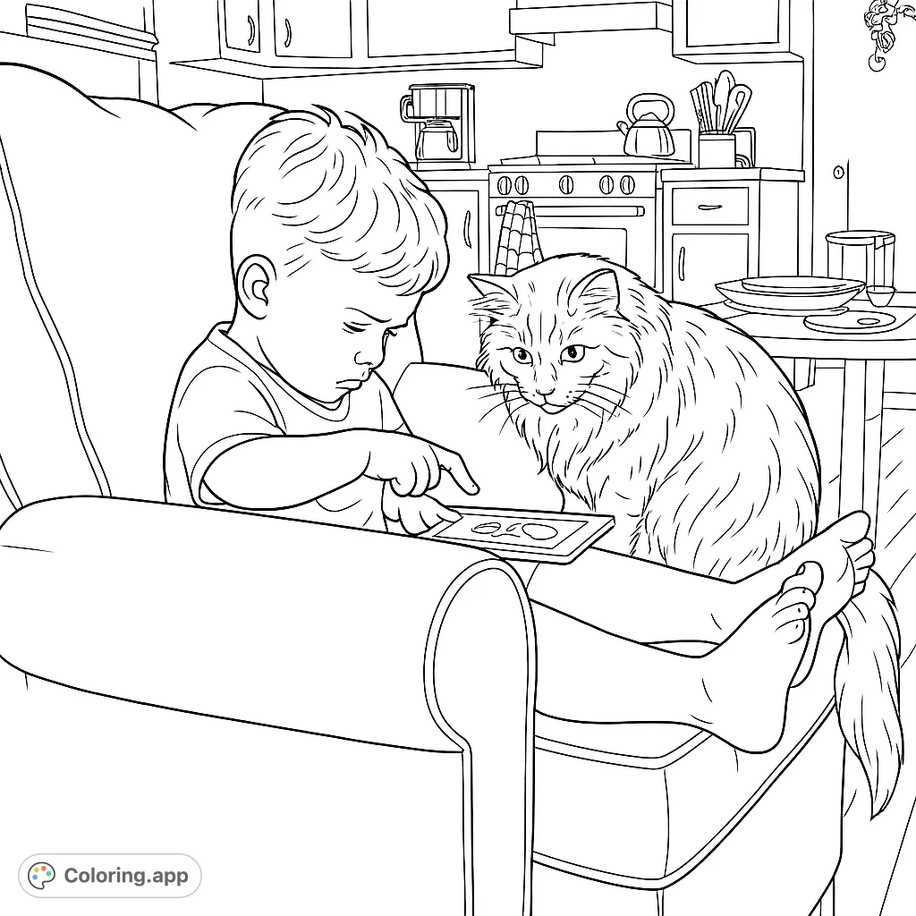 A heartwarming scene of a child and a fluffy cat sharing a tablet, perfect for a cozy and engaging coloring session.