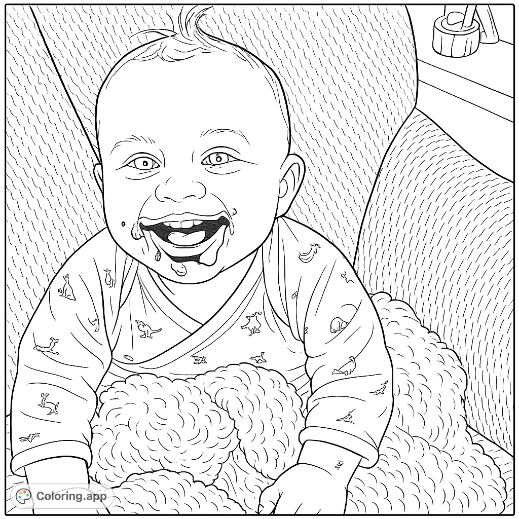 A delightful baby with a big smile and a messy face, sitting cozily in an armchair. Perfect for a fun, expressive coloring experience.