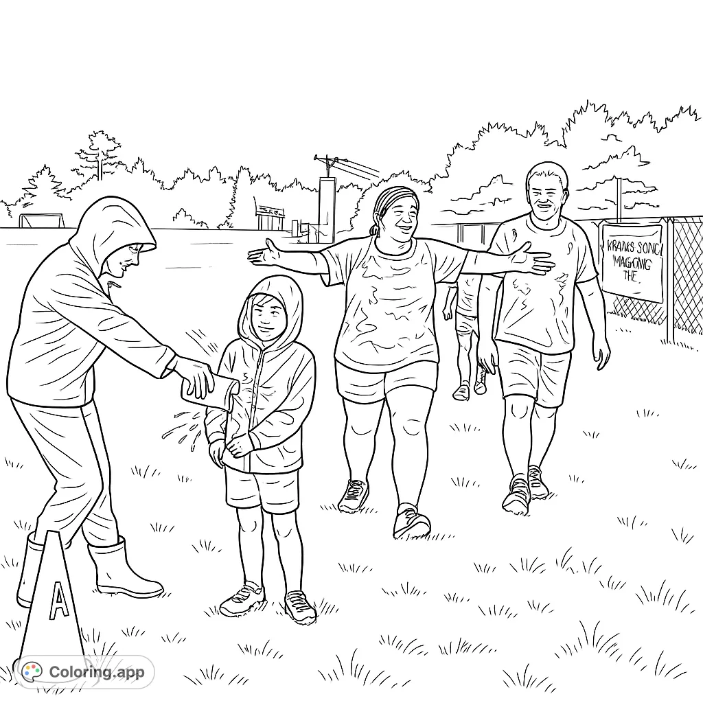 Capture the excitement of an outdoor event with friends and family, featuring water splashes and happy faces on a grassy field. A lively, fun run scene.