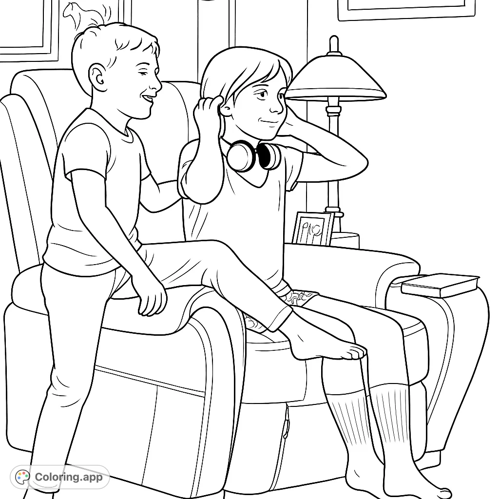 Two children share a moment of music and connection in a cozy armchair. A heartwarming scene perfect for a relaxing coloring experience.