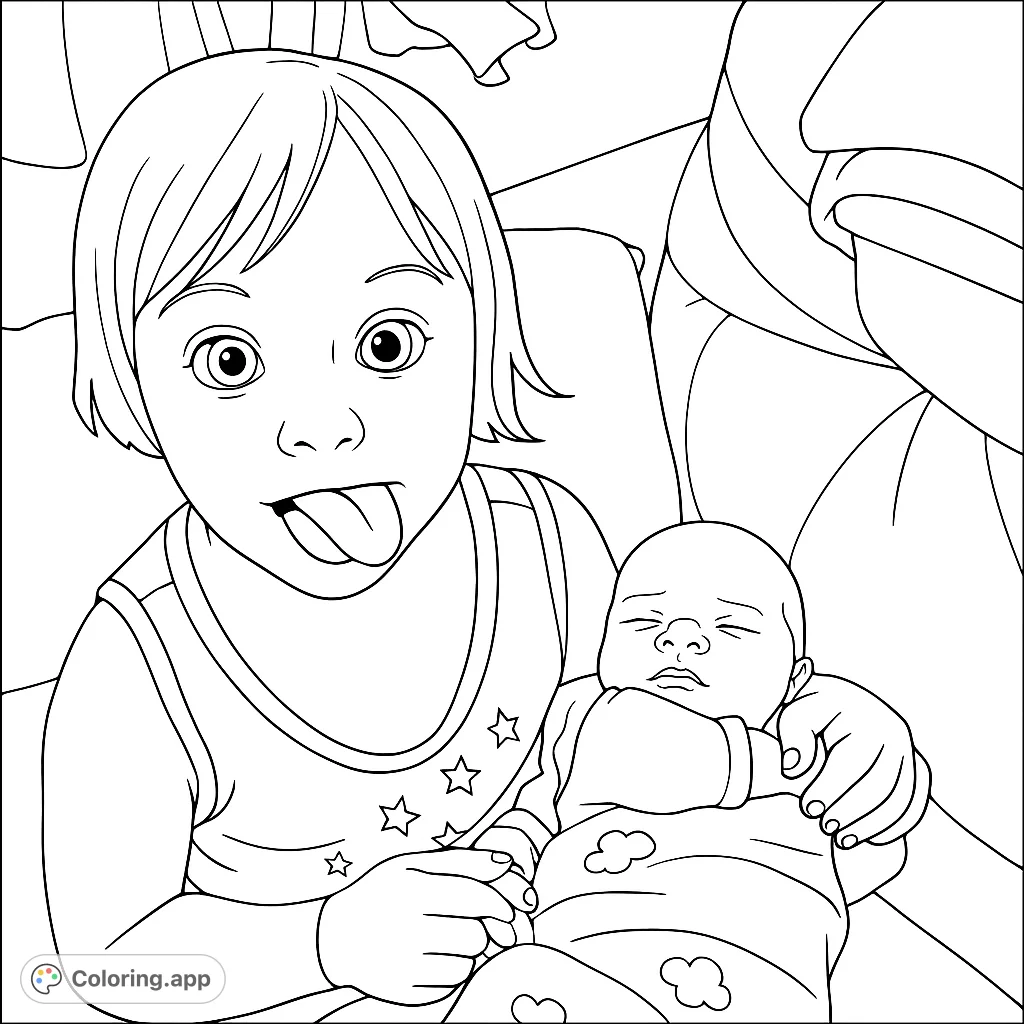 Capture a heartwarming and playful moment between a big sibling and a sleeping newborn. Perfect for celebrating family bonds and new arrivals.