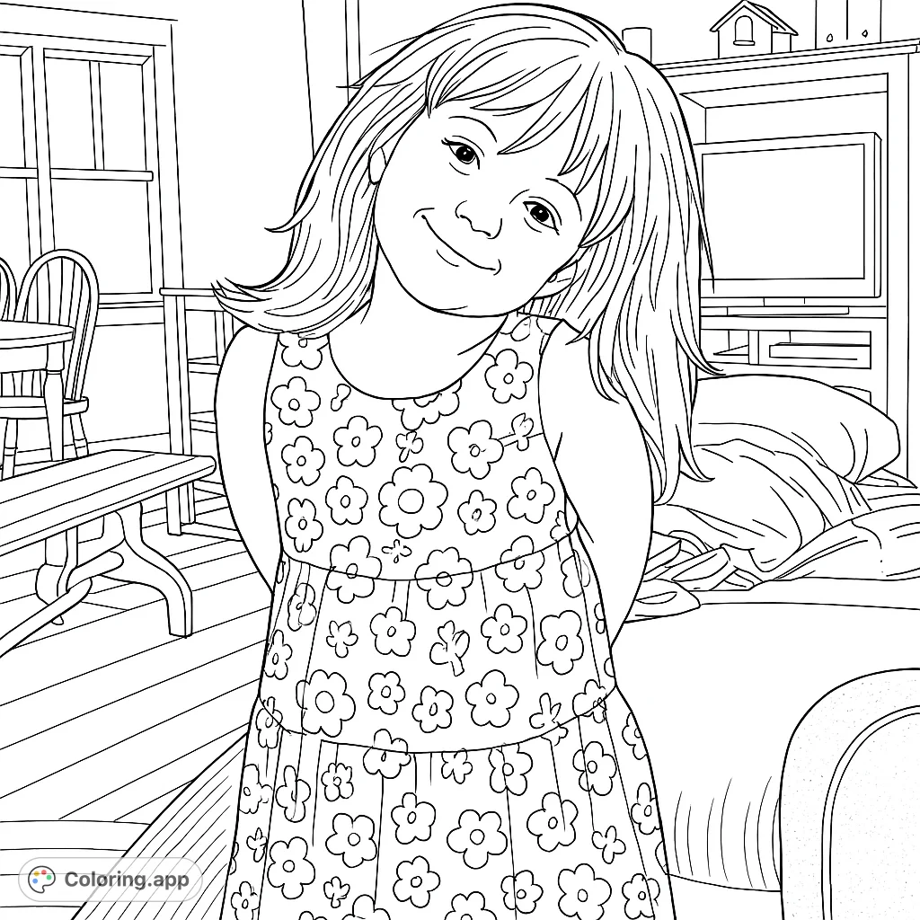 A delightful coloring page featuring a smiling child in a charming floral dress, perfect for young artists to express their creativity with vibrant patterns.