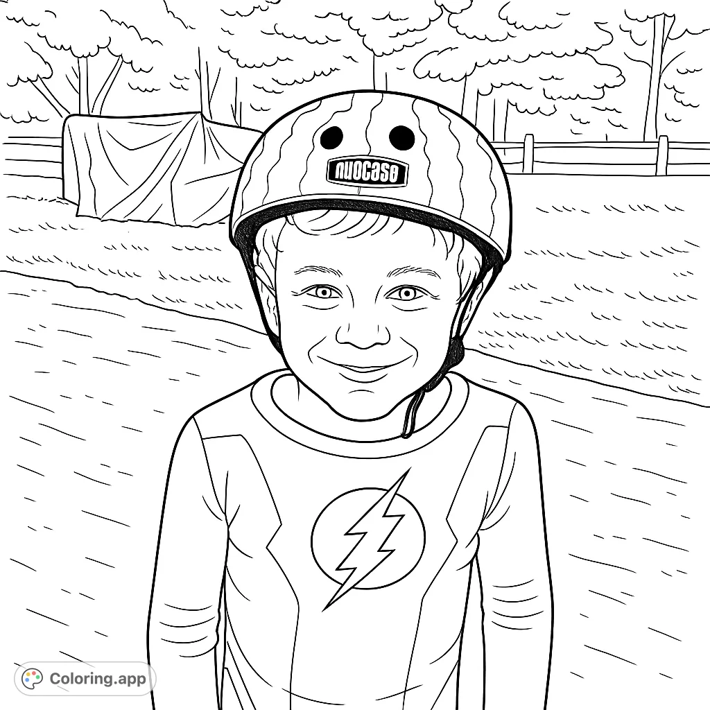 A cheerful boy in a superhero-inspired shirt and a unique fruit-patterned helmet, ready for imaginative play. A fun, free printable coloring page for kids.