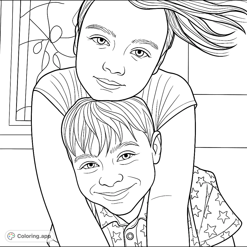 Capture the warmth of a sibling bond with this delightful coloring page featuring two children in a loving embrace. Perfect for expressing affection and creativity.