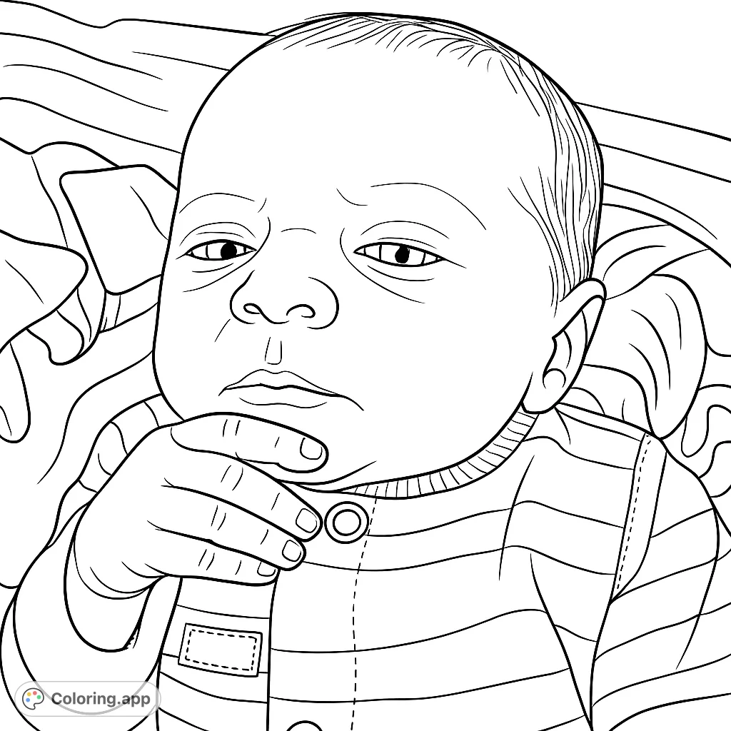 Capture the innocence of a newborn with this adorable baby coloring page. Features a thoughtful baby in a striped outfit, nestled in a patterned blanket.