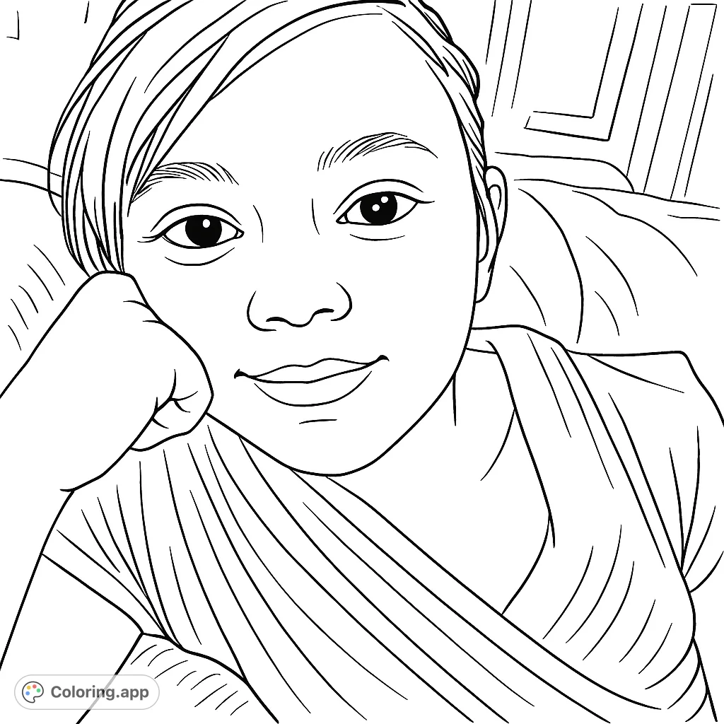 A heartwarming portrait of a young person with a gentle smile, resting their head on their hand. Perfect for a calming and expressive coloring experience.