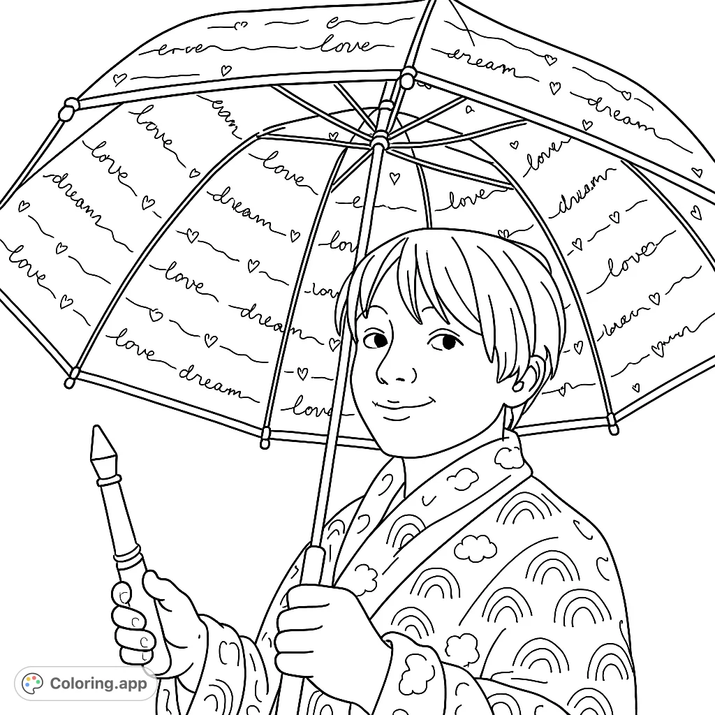 A delightful coloring page featuring a child holding a patterned umbrella and a magic wand, perfect for imaginative play and creative expression.