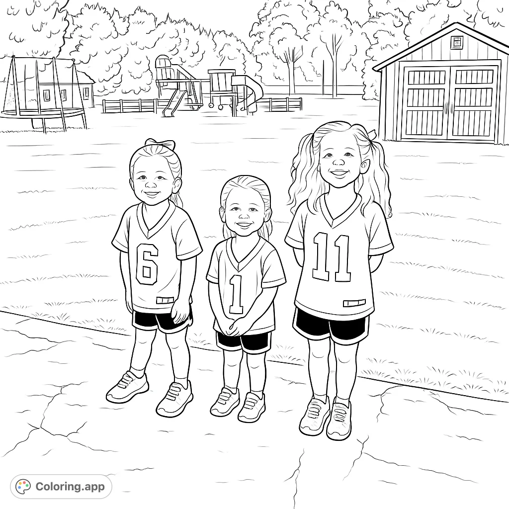 Three cheerful girls in sports jerseys stand on a driveway, with a playground and backyard scene behind them, ready for a fun coloring adventure.