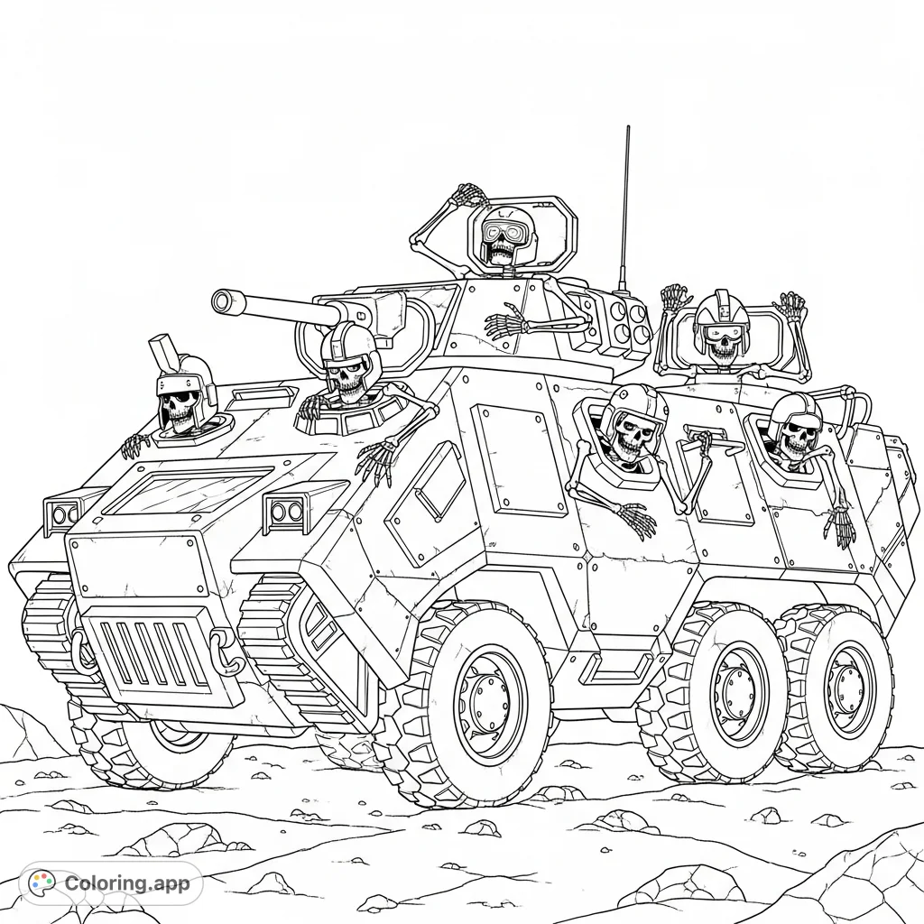 A formidable TAP-V armored vehicle carries a skeleton troop, their helmets visible from hatches, ready for action in a desolate landscape. A unique fantasy military scene.