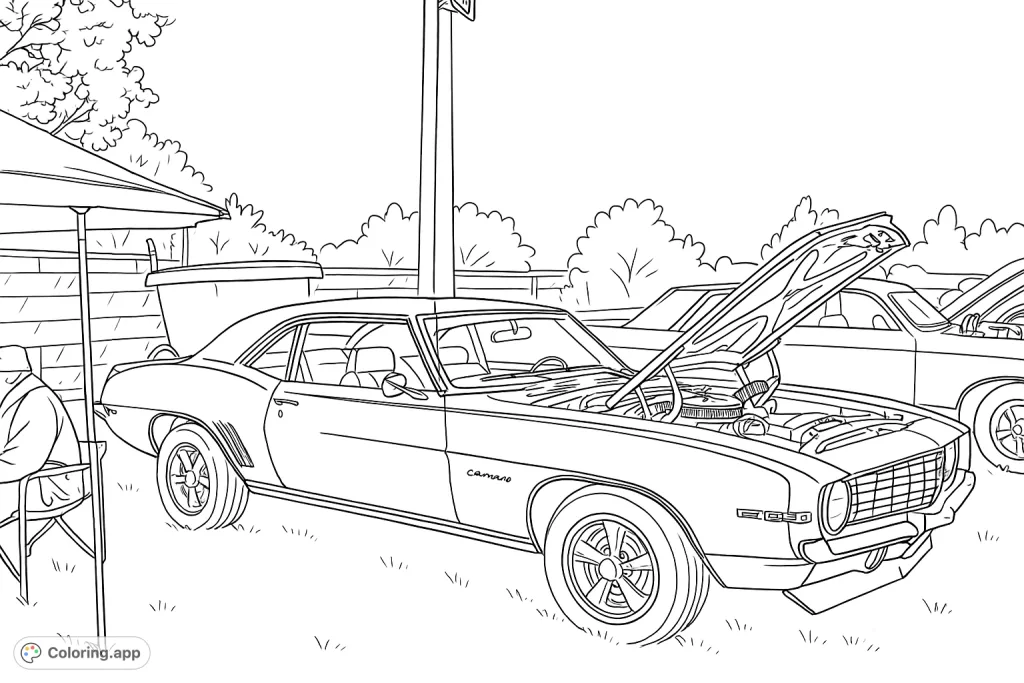 Color a detailed classic muscle car with its hood open, revealing the engine. Perfect for car enthusiasts and those who love vintage automobiles.