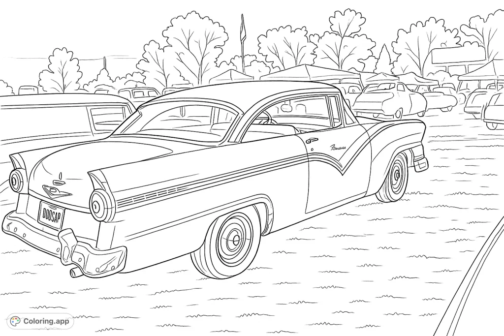 Color a magnificent vintage two-tone coupe, showcasing its classic lines, chrome accents, and retro charm at an outdoor car show. A nostalgic journey for car enthusiasts.