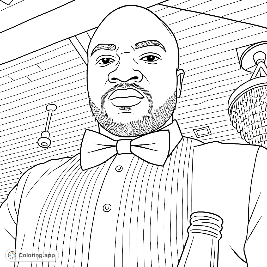 An elegant man in formal wear, featuring a pleated shirt and bow tie, set against a sophisticated backdrop. A dapper portrait for a refined coloring experience.