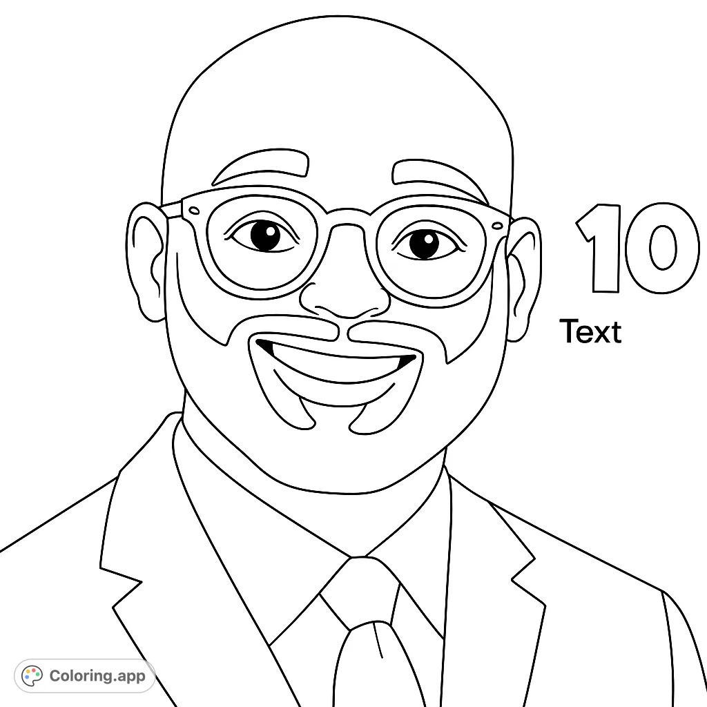 A friendly, bald man with a beard and glasses, wearing a suit and tie, smiling warmly. Perfect for a professional portrait coloring page.