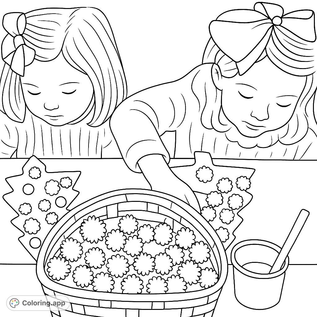 Two children focused on decorating tree-shaped crafts with various embellishments, surrounded by a basket of craft supplies. A delightful holiday crafting scene.