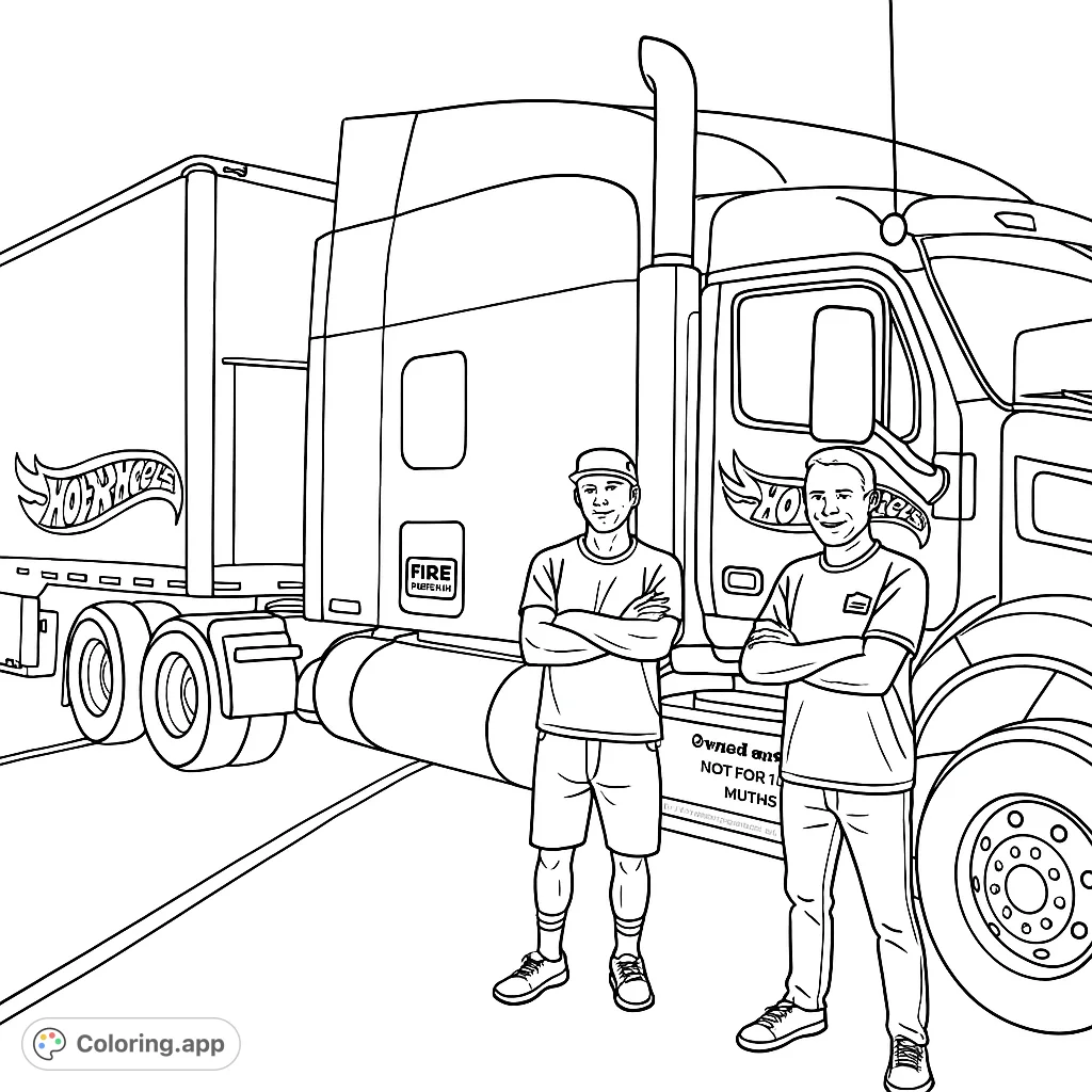 Color a powerful semi-truck and its crew, featuring a detailed cab, trailer, and two figures in a parking lot setting. A challenging vehicle coloring page.