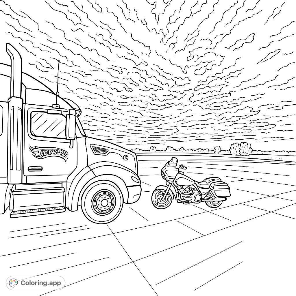 Color a powerful semi-truck and a sleek motorcycle parked under a dramatic, cloud-filled sky. Perfect for vehicle enthusiasts and those who love open road scenes.