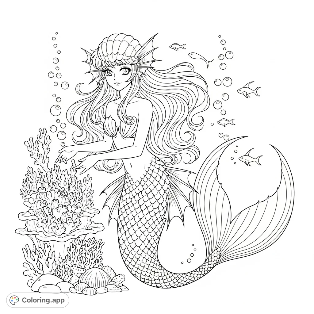 Dive into an enchanting underwater world with this graceful anime mermaid coloring page, featuring flowing hair, intricate scales, and serene ocean details.