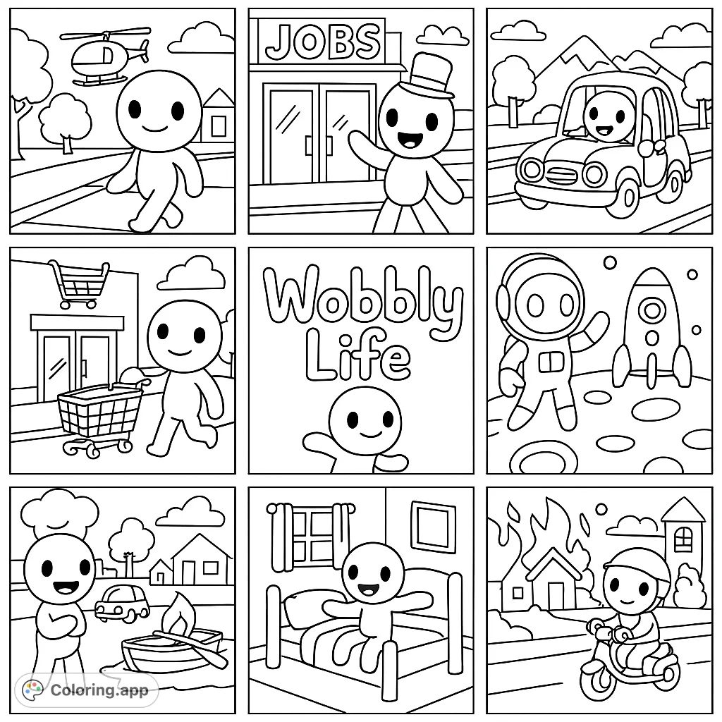 Explore nine fun scenes from a wobbly character's life, from driving a car to exploring space. A delightful cartoon coloring page for all ages.
