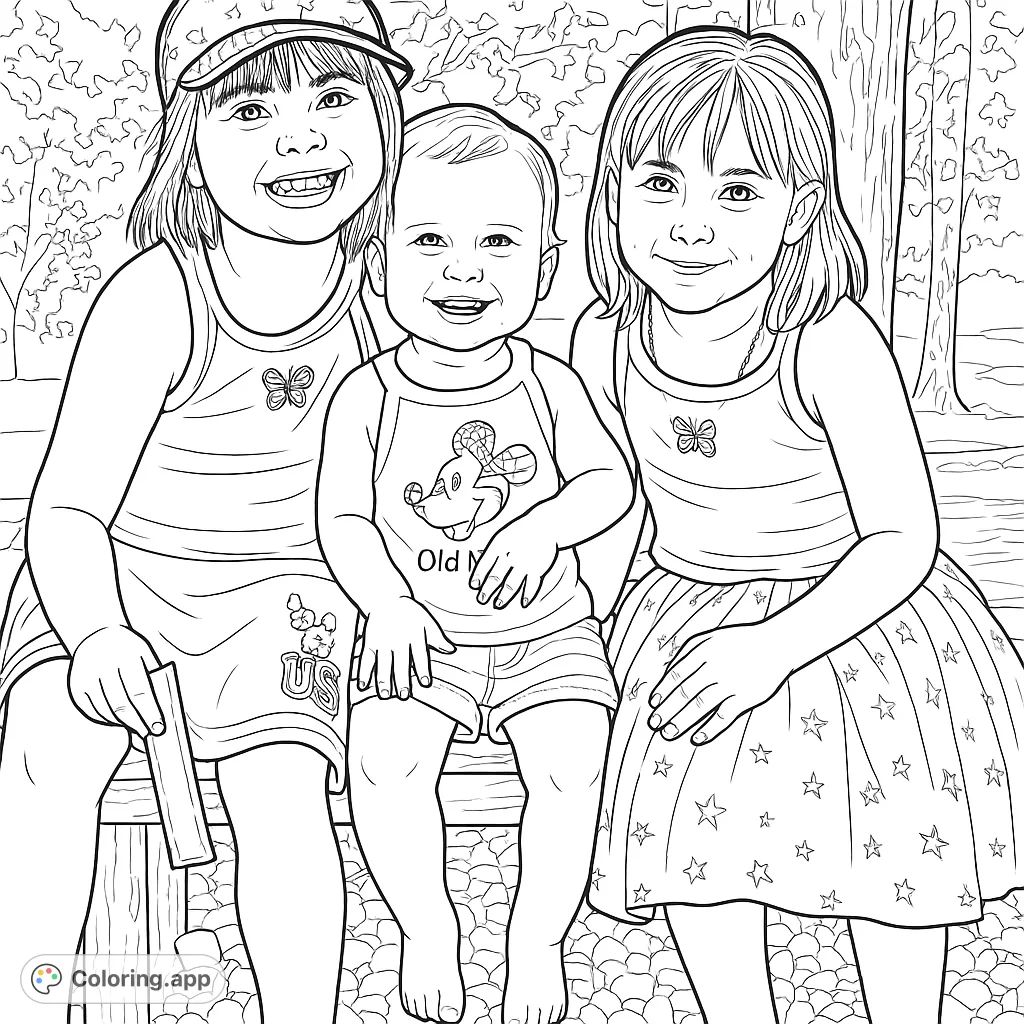 A heartwarming coloring page featuring three smiling children, two girls and a toddler, sitting together on a bench, ready for creative expression.