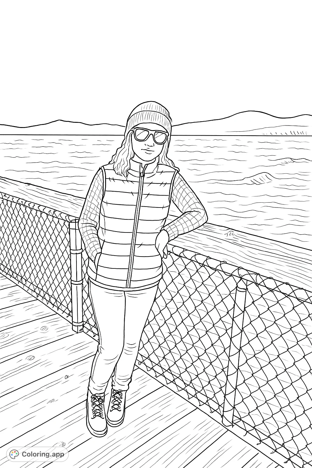 A person stands on a scenic wooden pier overlooking a vast lake with distant mountains. Perfect for a relaxing coloring experience.