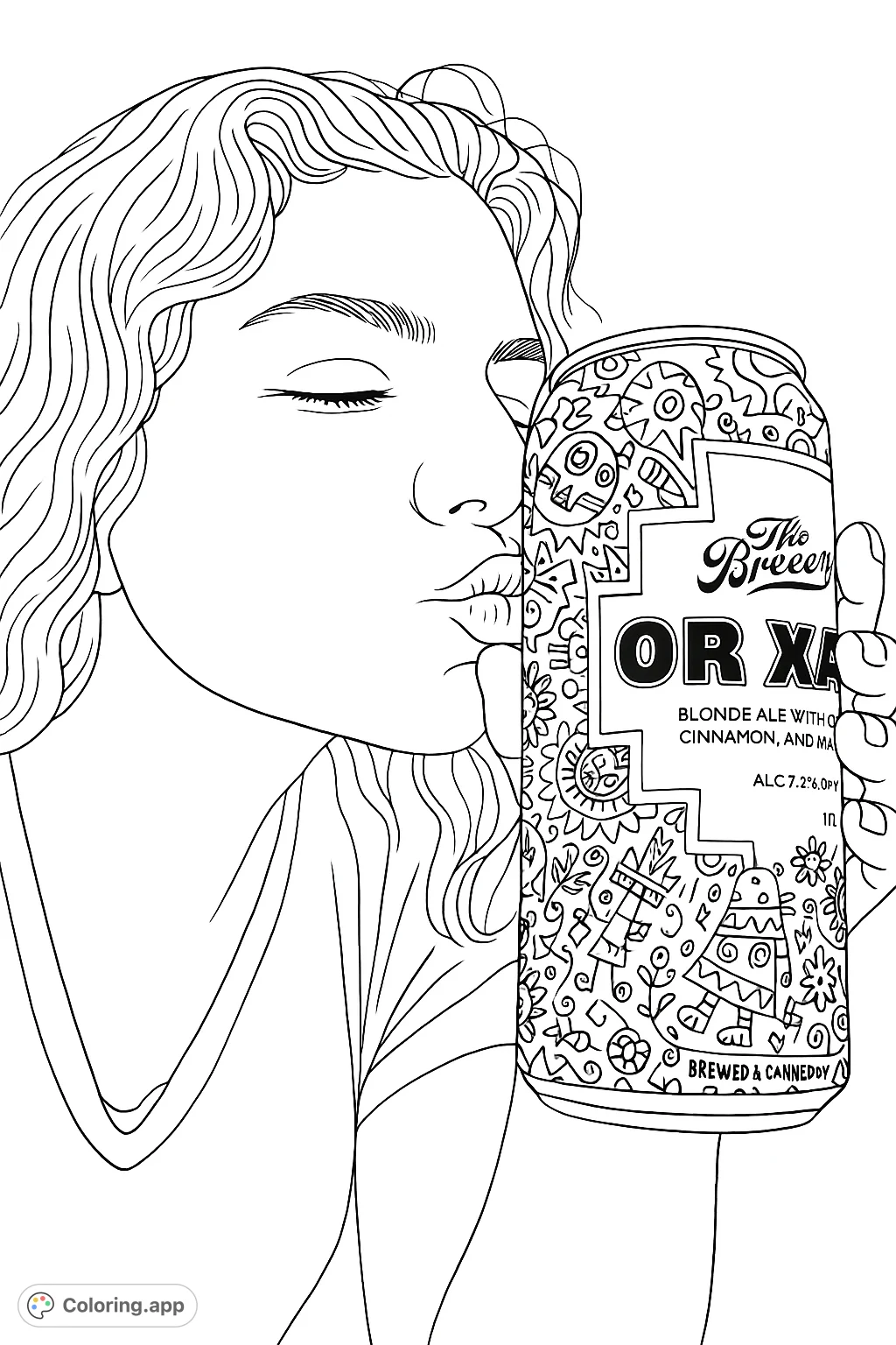 A person with puckered lips playfully kisses a uniquely patterned beverage can. A fun and detailed coloring page for beverage enthusiasts.
