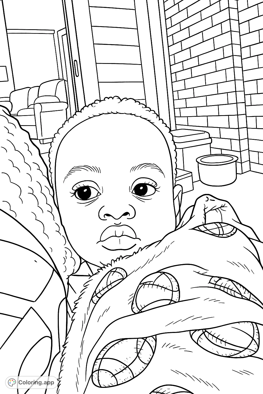 A heartwarming baby coloring page featuring an adorable infant wrapped in a cozy blanket with a sports pattern. Perfect for celebrating new arrivals and family moments.