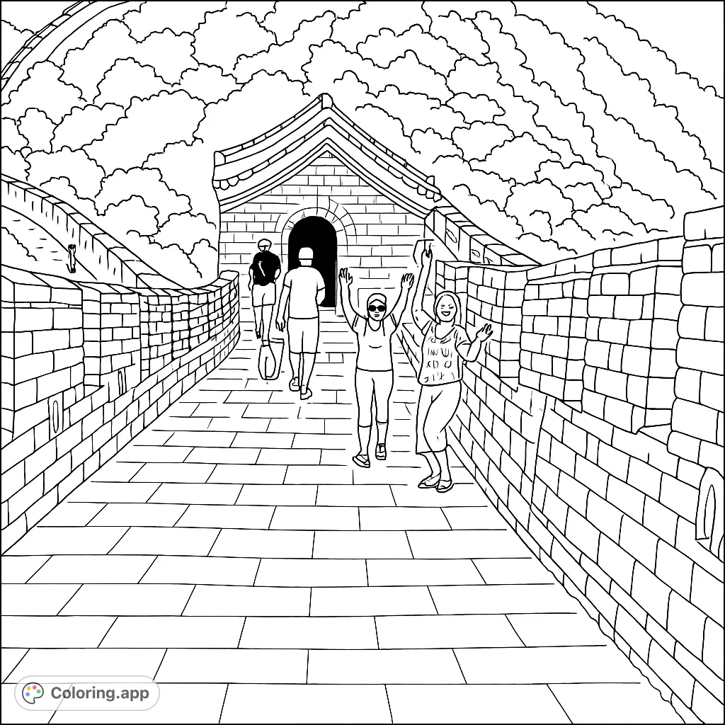 Explore an iconic ancient wall with a watchtower and travelers. A detailed scene perfect for history enthusiasts and those who love intricate architectural designs.