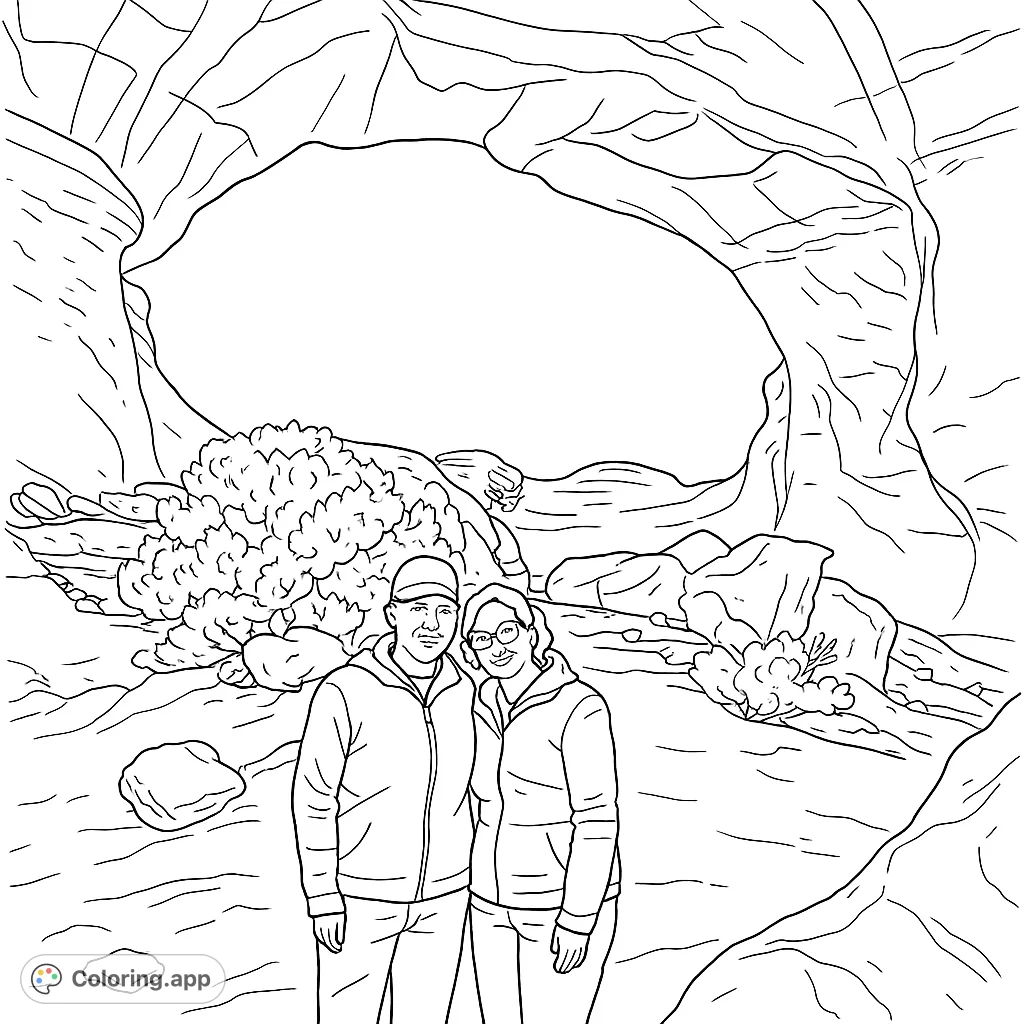 Explore a stunning desert landscape featuring two friends beneath a grand natural rock arch. A perfect adventure scene for nature lovers and travel enthusiasts.