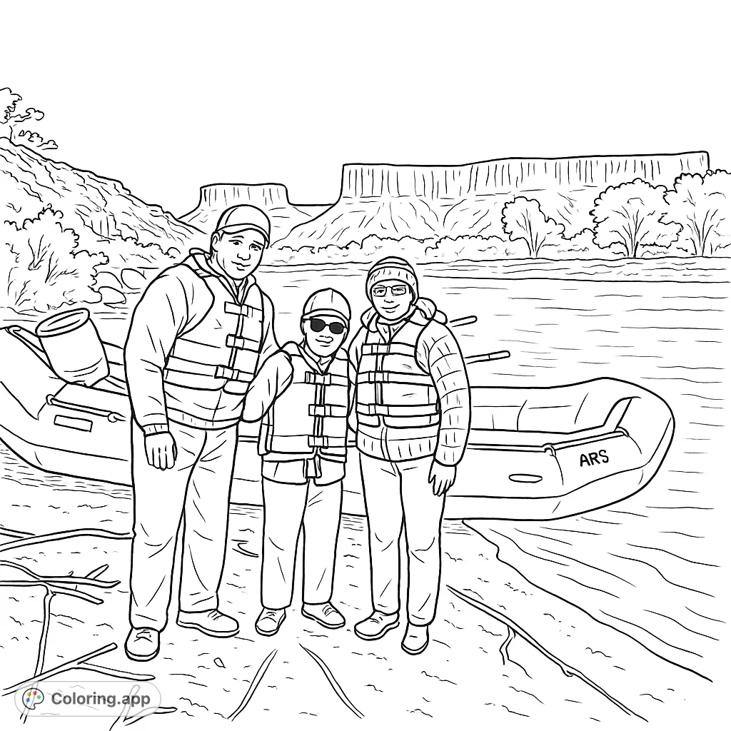 A group of three adventurers stands by their raft on a riverbank, with majestic mesas in the background. Perfect for outdoor enthusiasts.