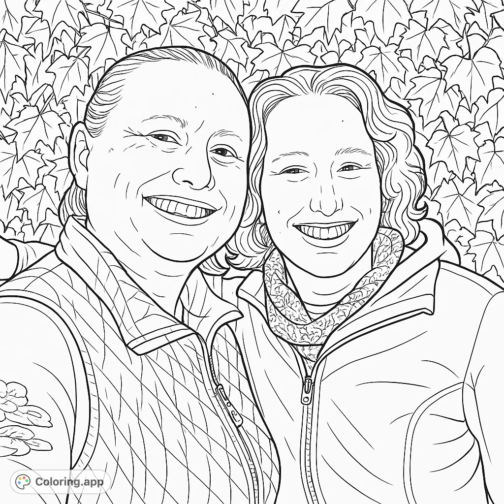 A heartwarming friendship coloring page featuring two smiling women against a backdrop of detailed autumn leaves. Perfect for celebrating connections.