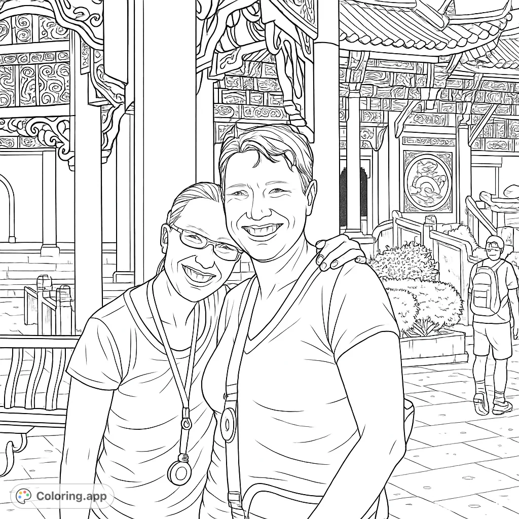 A detailed cultural architecture coloring page featuring two smiling individuals amidst ornate temple structures, perfect for intricate coloring.