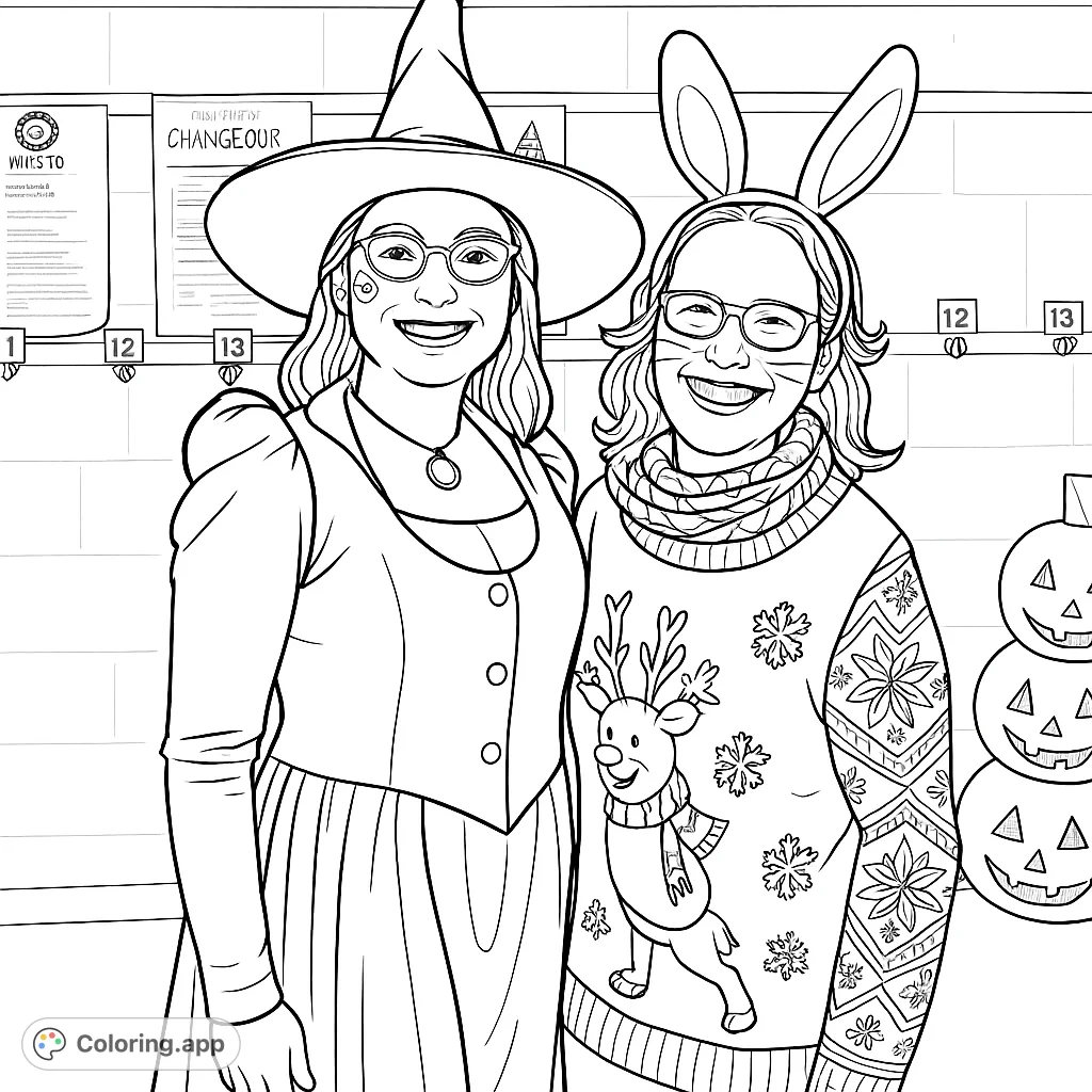 A fun coloring page featuring a witch and a friend in a bunny headband and festive sweater, celebrating a mix of holidays. Perfect for creative expression!