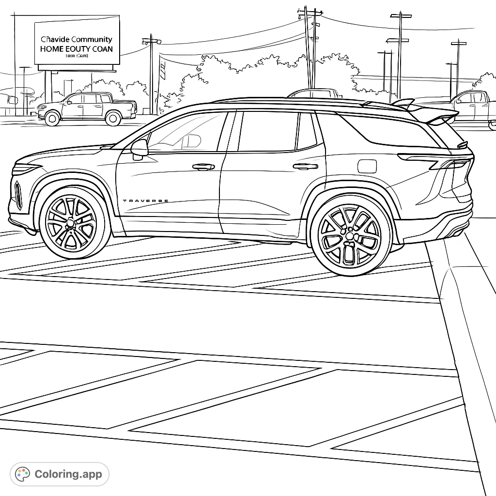 Color a sleek, modern SUV parked in a detailed lot with background elements. Perfect for vehicle enthusiasts and those who enjoy urban scenes.