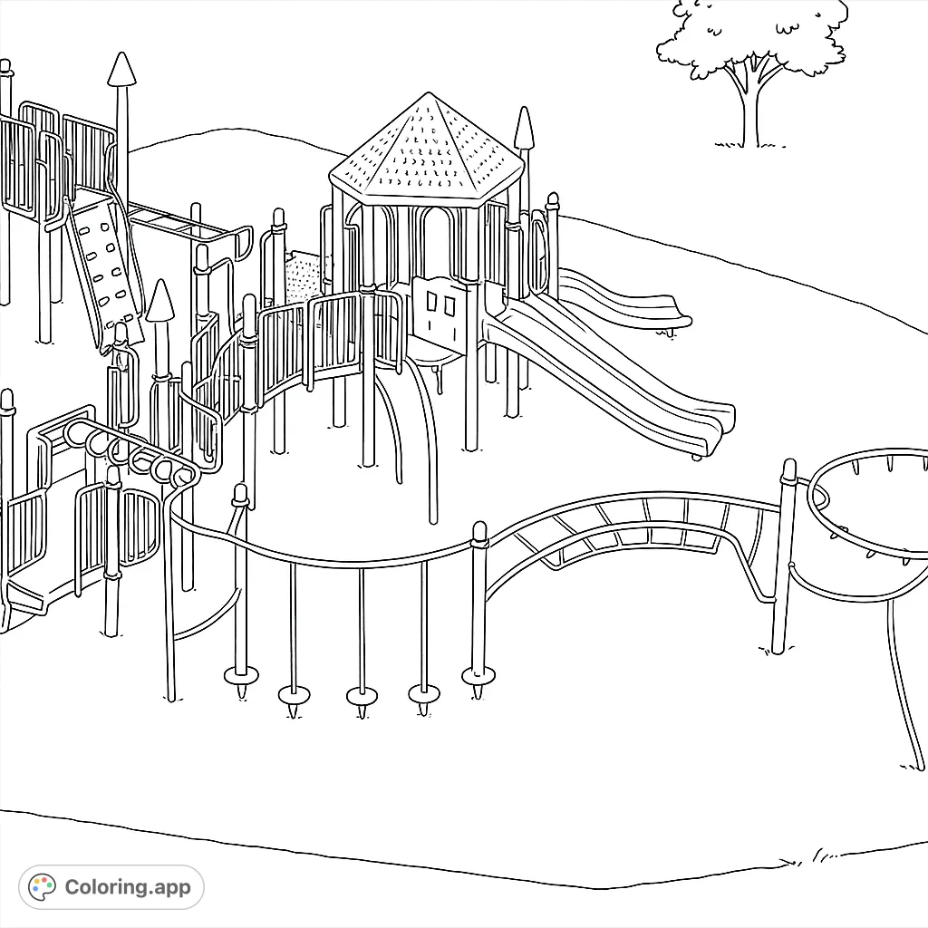 Explore a vibrant playground structure with multiple slides, climbing walls, and monkey bars. A fun and challenging coloring page for all ages.