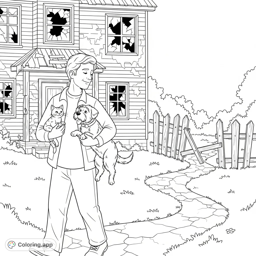 A heartwarming scene of a man rescuing a cat and dog from a neglected home, emphasizing compassion and new beginnings. Perfect for animal lovers.