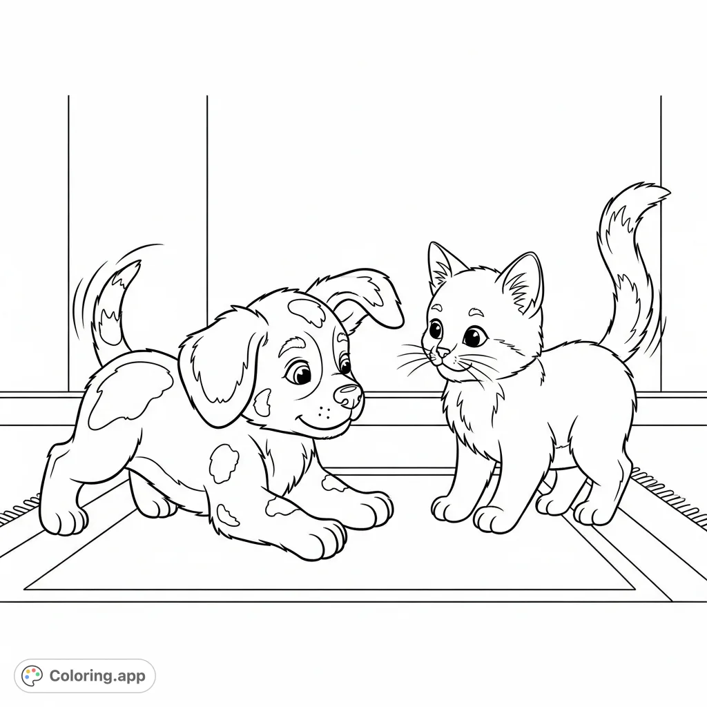 A heartwarming scene featuring a playful puppy and a curious kitten, ready for a burst of imagination. Perfect for animal lovers of all ages.