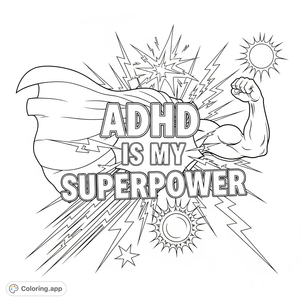 Empowering "ADHD is my superpower" text surrounded by dynamic lightning, a strong arm, and a flowing cape. Celebrate neurodiversity!