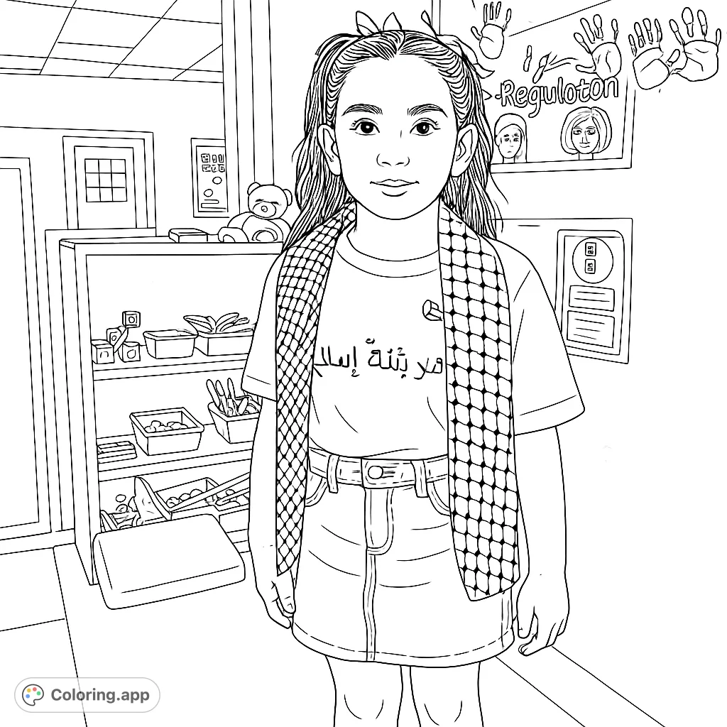 A young girl proudly displays two patterned scarves in a classroom, surrounded by shelves of toys and educational posters. A detailed cultural celebration coloring page.